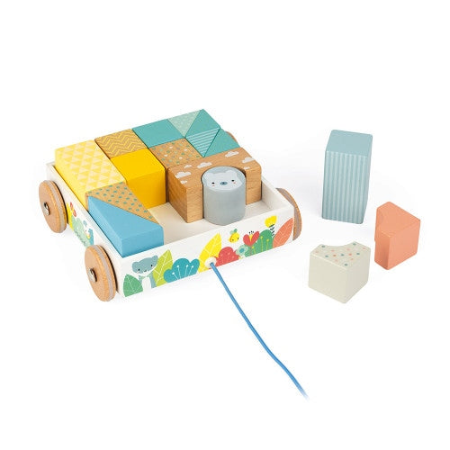 Janod Pure Wooden Pull-Along Blocks Cart