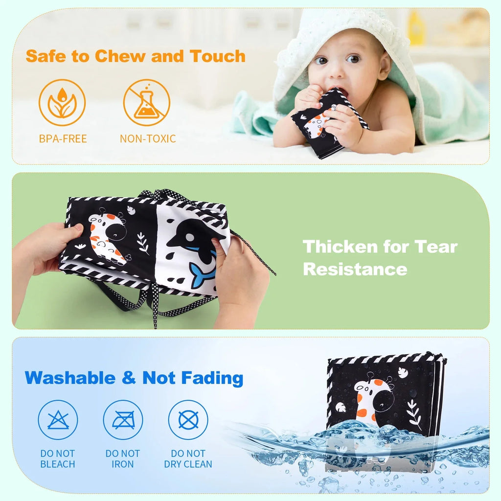 Sencory Black & White Cloth Book – High-Contrast Montessori Crib Bumper