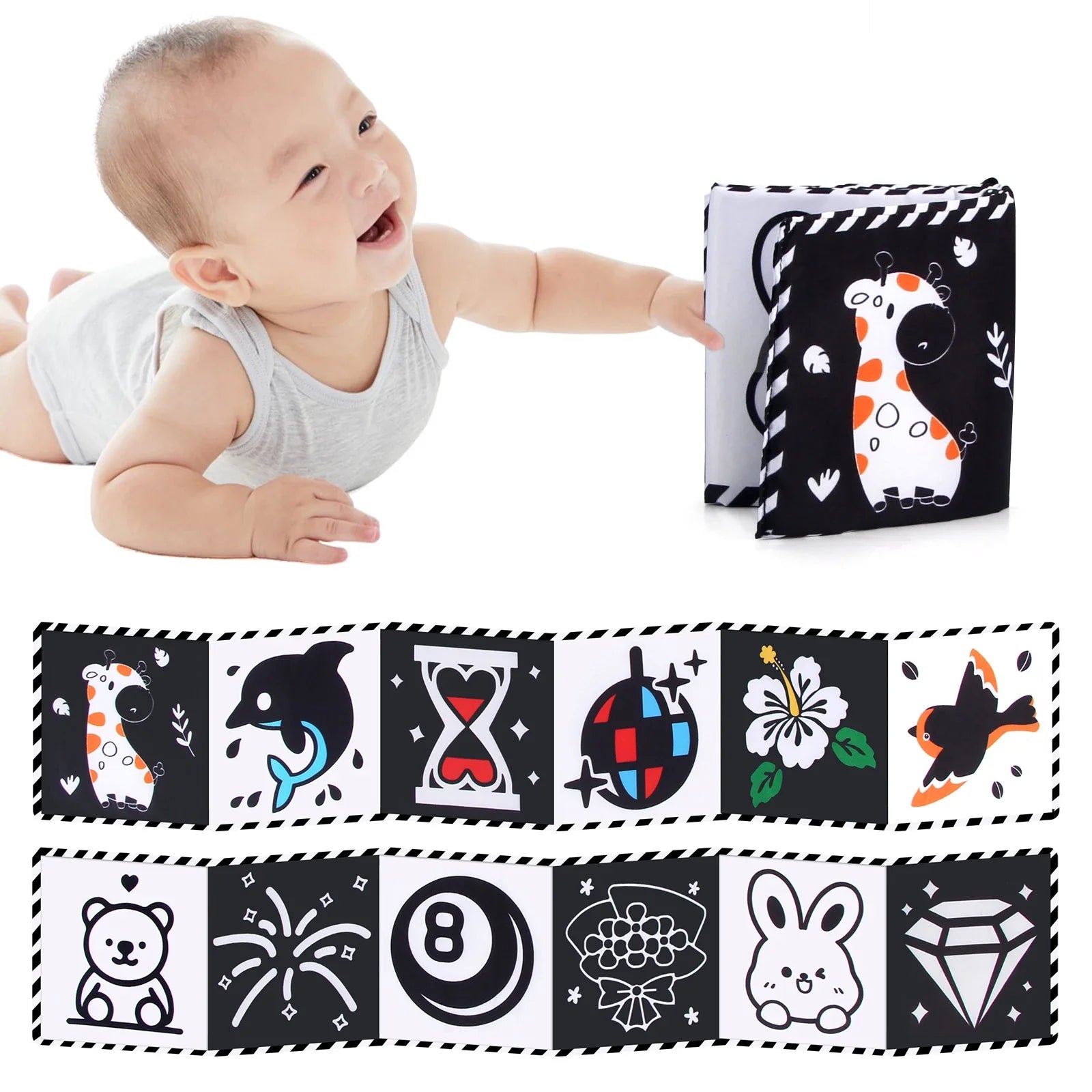 Sencory Black & White Cloth Book – High-Contrast Montessori Crib Bumper