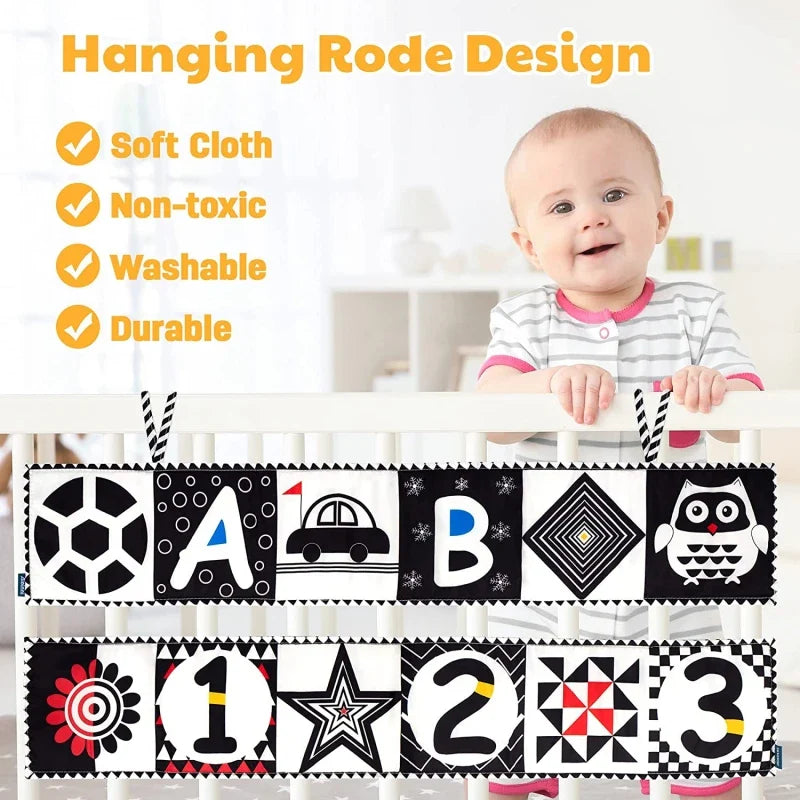 Sencory Black & White Cloth Book – High-Contrast Montessori Crib Bumper