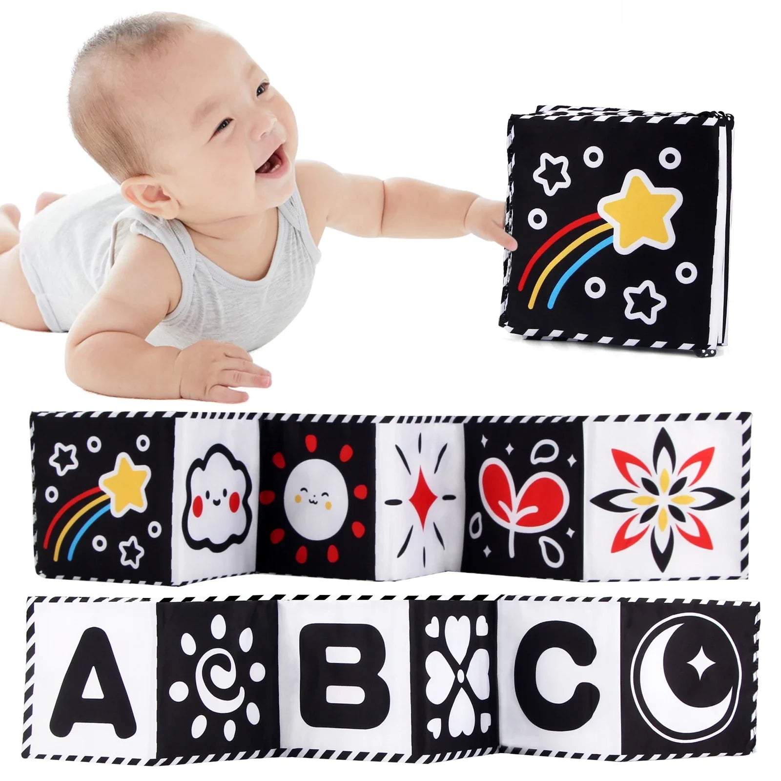 Sencory Black & White Cloth Book – High-Contrast Montessori Crib Bumper