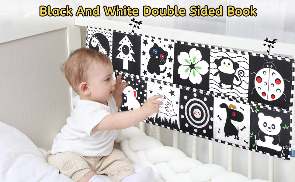 Sencory Black & White Cloth Book – High-Contrast Montessori Crib Bumper