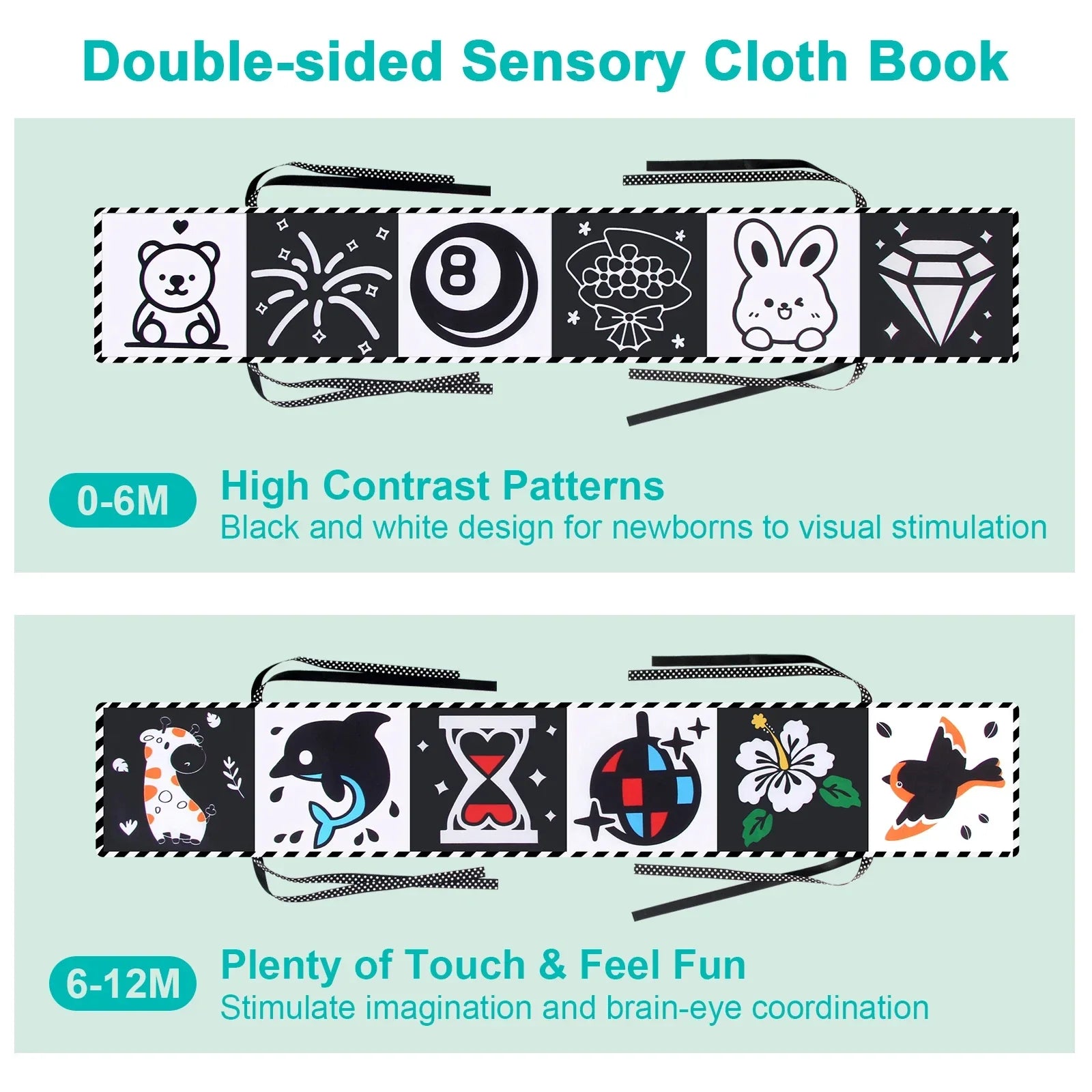 Sencory Black & White Cloth Book – High-Contrast Montessori Crib Bumper