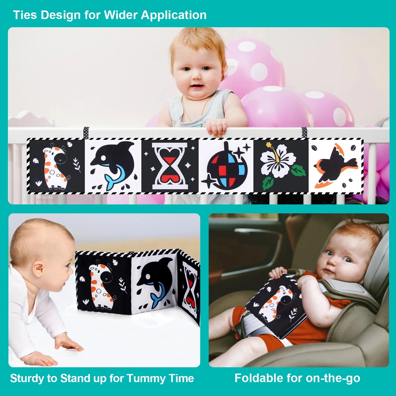 Sencory Black & White Cloth Book – High-Contrast Montessori Crib Bumper