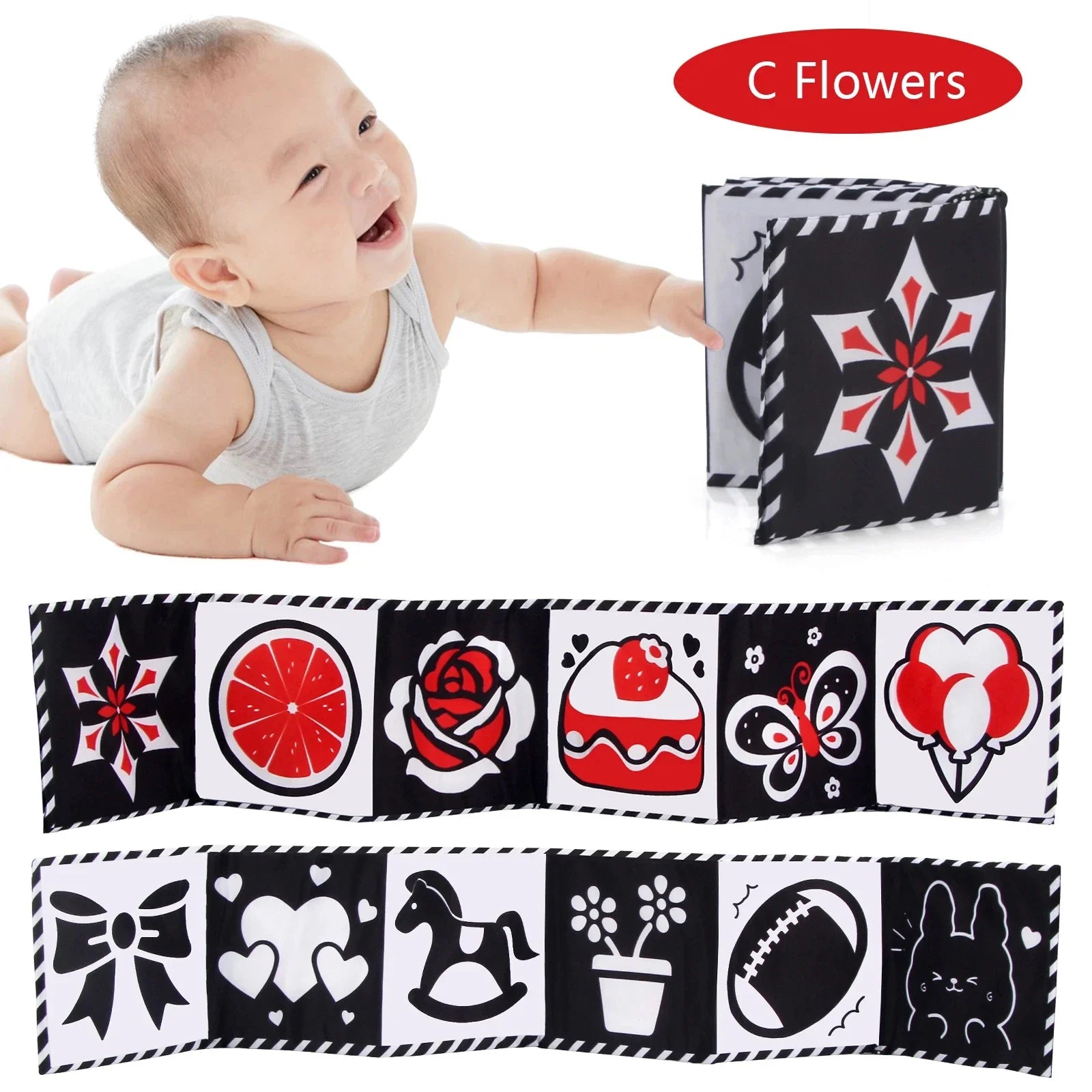 Sencory Black & White Cloth Book – High-Contrast Montessori Crib Bumper
