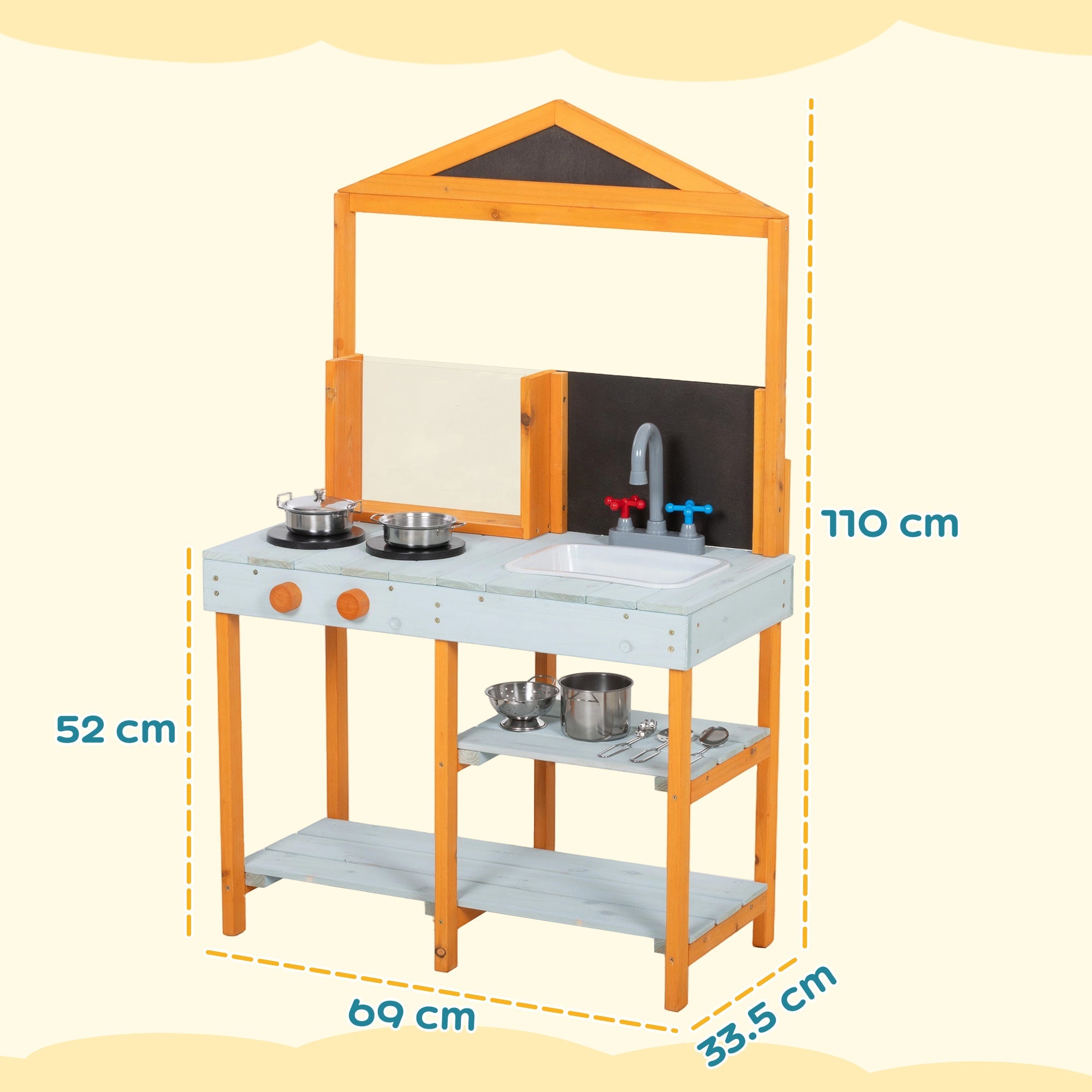 AIYAPLAY Mud Kitchen for Kids, Outdoor Wooden Play Kitchen with Sink, Stove, Cookware, Shelves, Pretend Play Toy for Ages 3-8